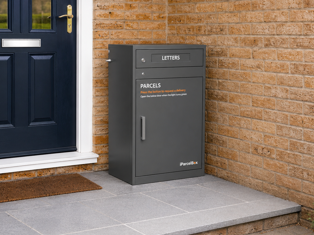 iParcelBox Post and Letter box next to a smart looking front door